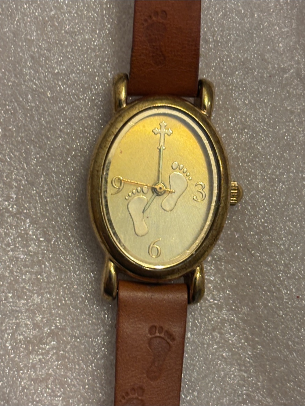 Women's Gold-Tone Oval Watch with Brown Footprint Leather Strap